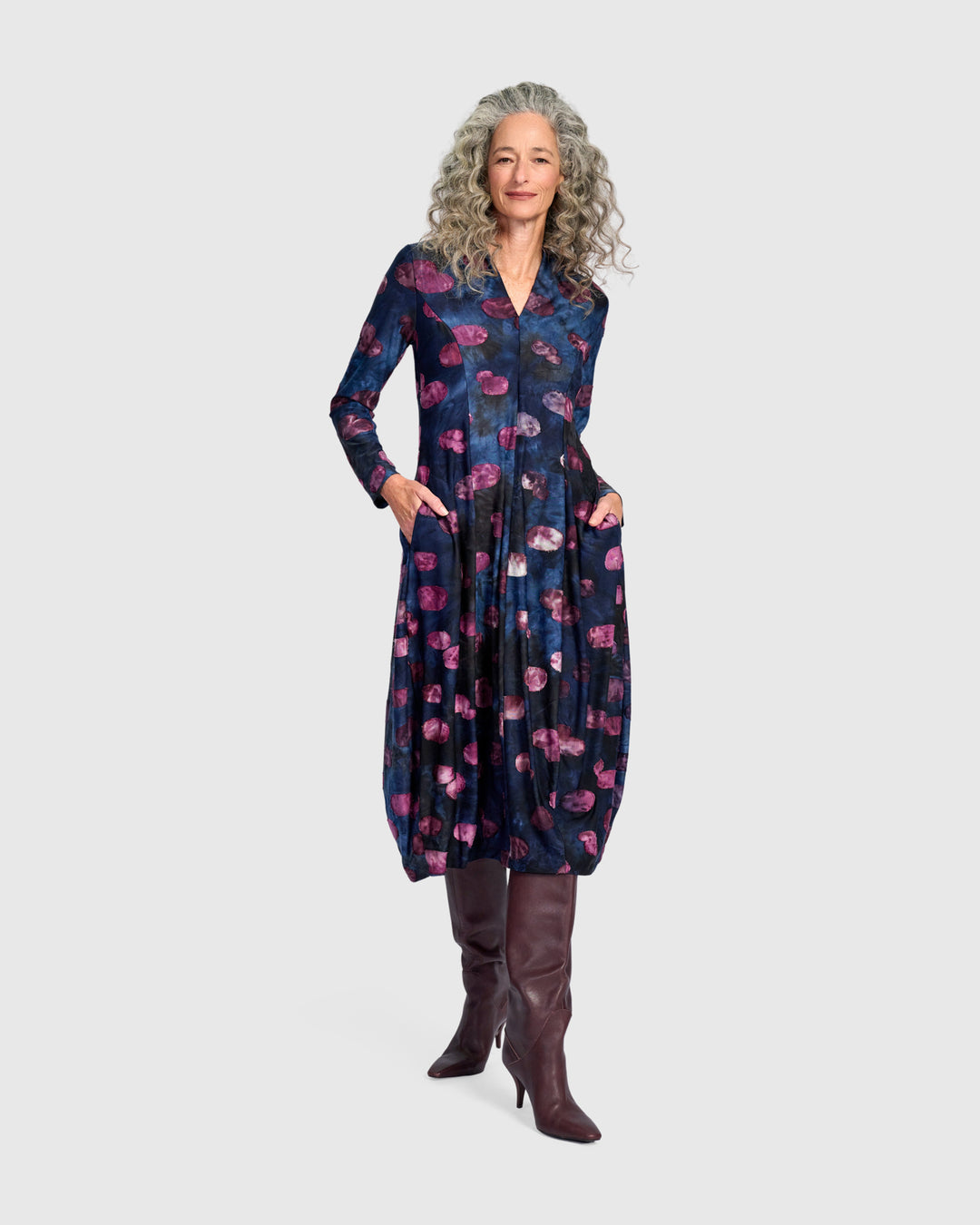 Festoon V-Neck Cocoon Dress, Midnight/Wine