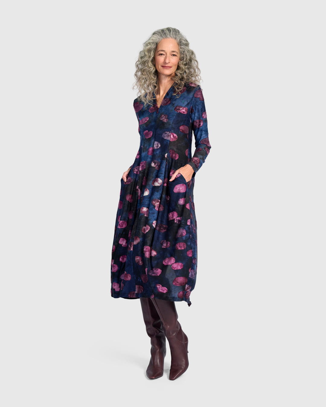 Festoon V-Neck Cocoon Dress, Midnight/Wine