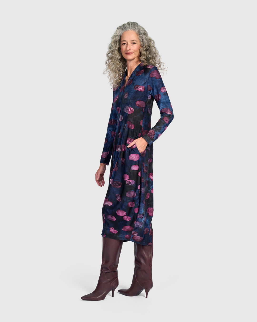 Festoon V-Neck Cocoon Dress, Midnight/Wine