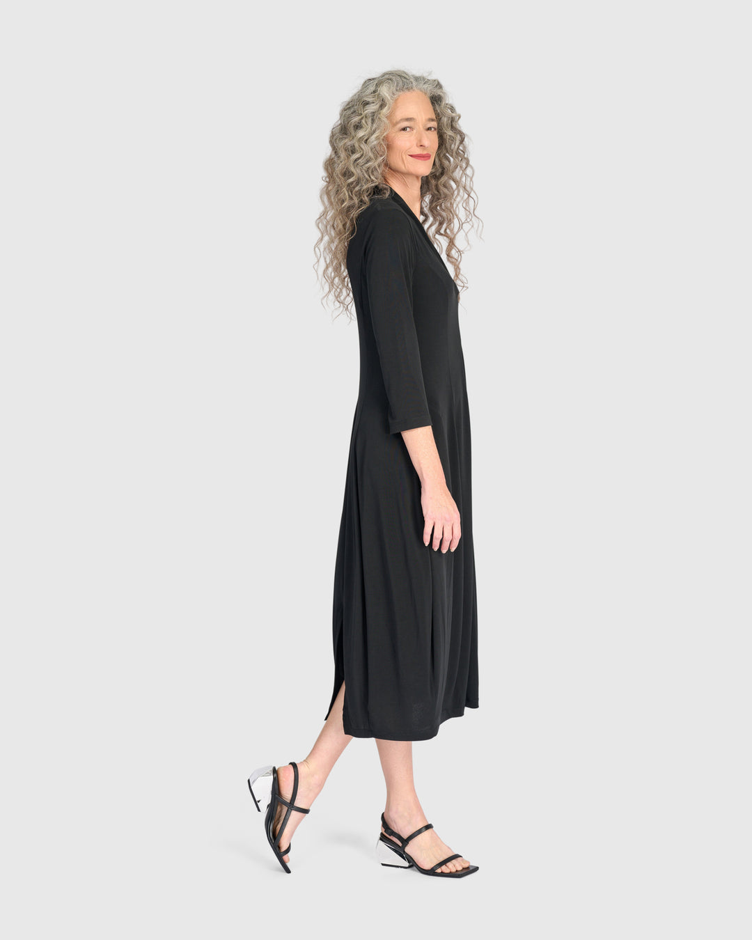 Essential 3/4 Sleeve Slinky Cocoon Dress, Black