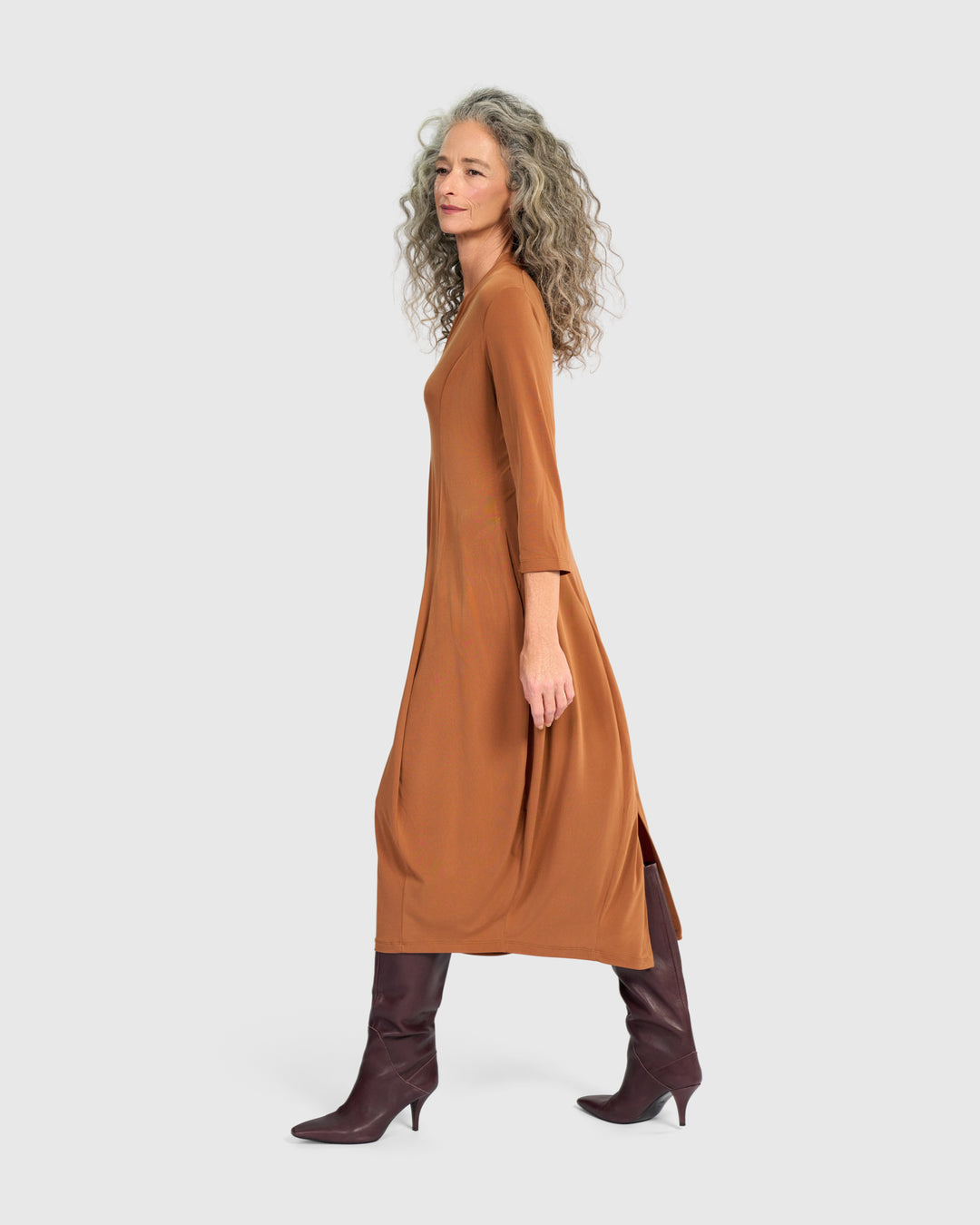 Essential 3/4 Sleeve Slinky Cocoon Dress, Caramel