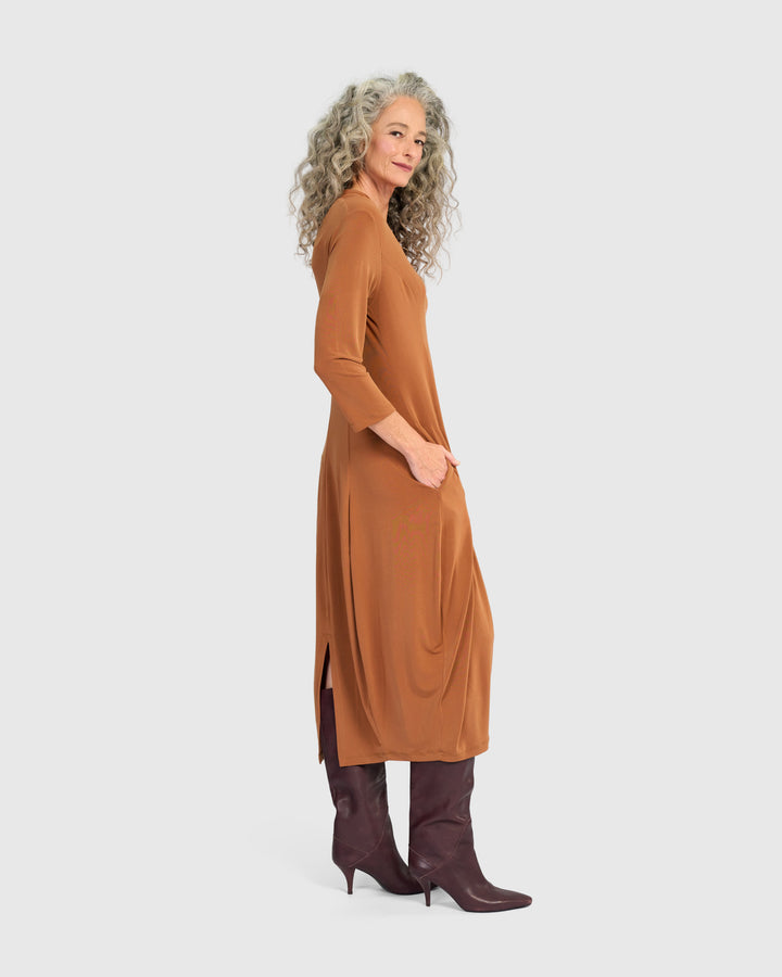 Essential 3/4 Sleeve Slinky Cocoon Dress, Caramel