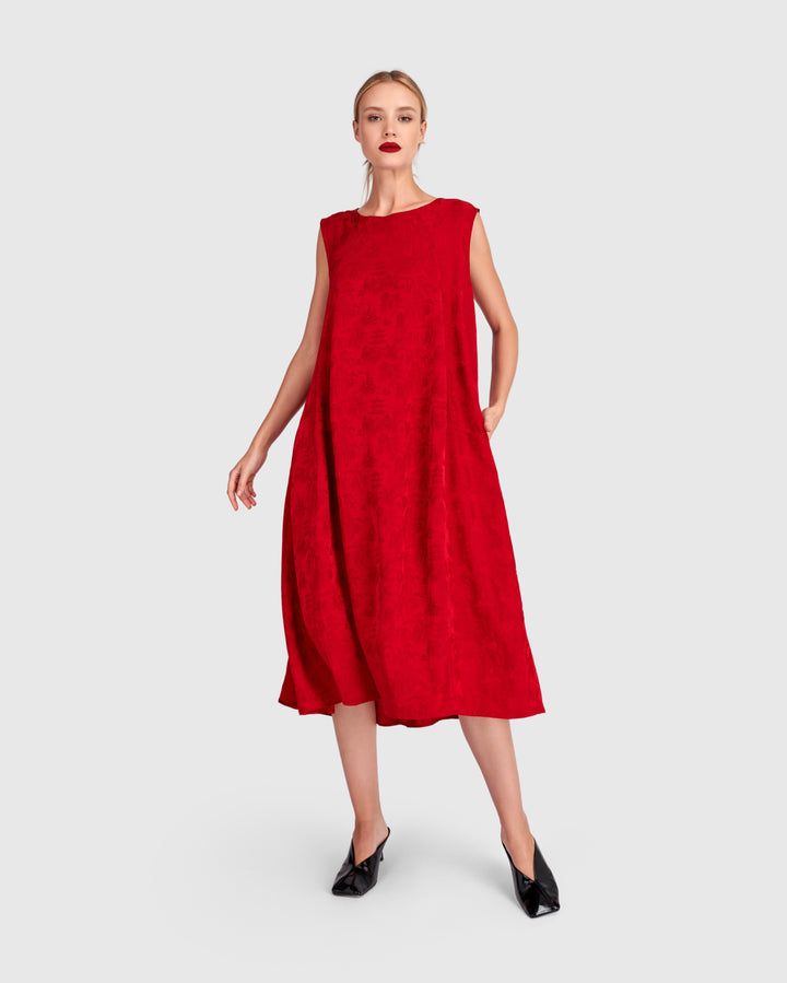 Suzu Swing Dress, Red Jacquard