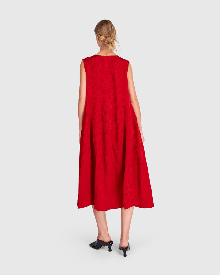Suzu Swing Dress, Red Jacquard