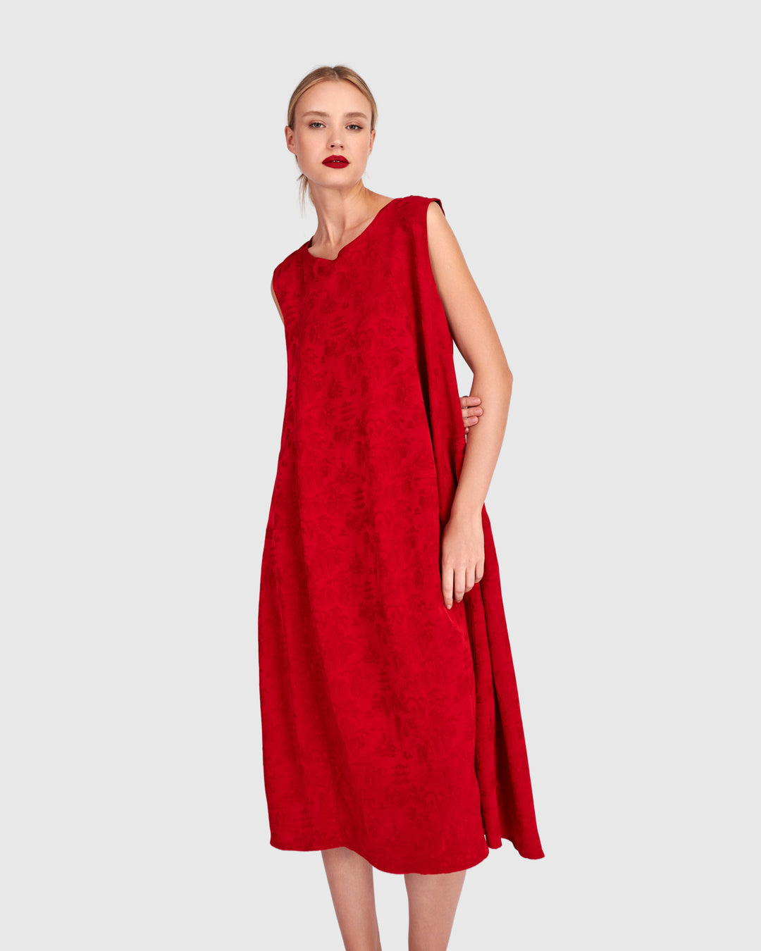 Suzu Swing Dress, Red Jacquard