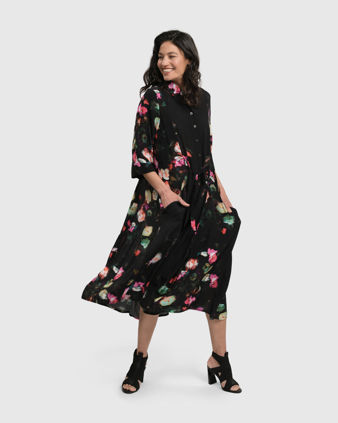DRINKS-ON-ME MAXI SHIRT DRESS, FLORAL