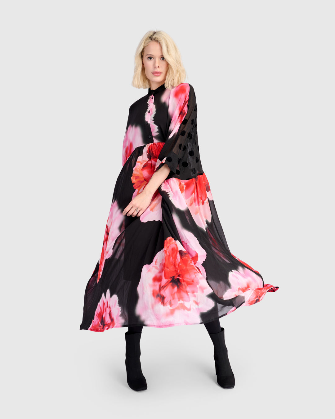 Papillon Maxi Dress, Black/Pink Floral