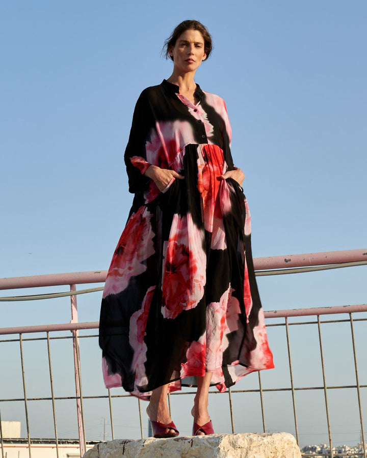 Papillon Maxi Dress, Black/Pink Floral