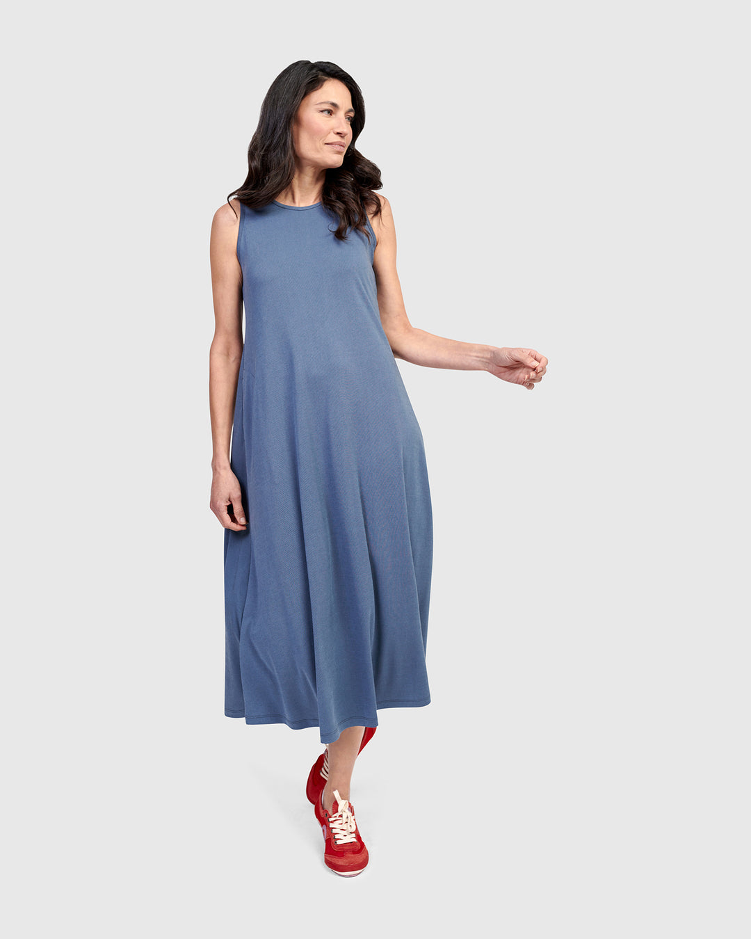 knee length dresses for ladies Essential Sleeveless Midi Dress, Blue Mist – Alembika U.S
