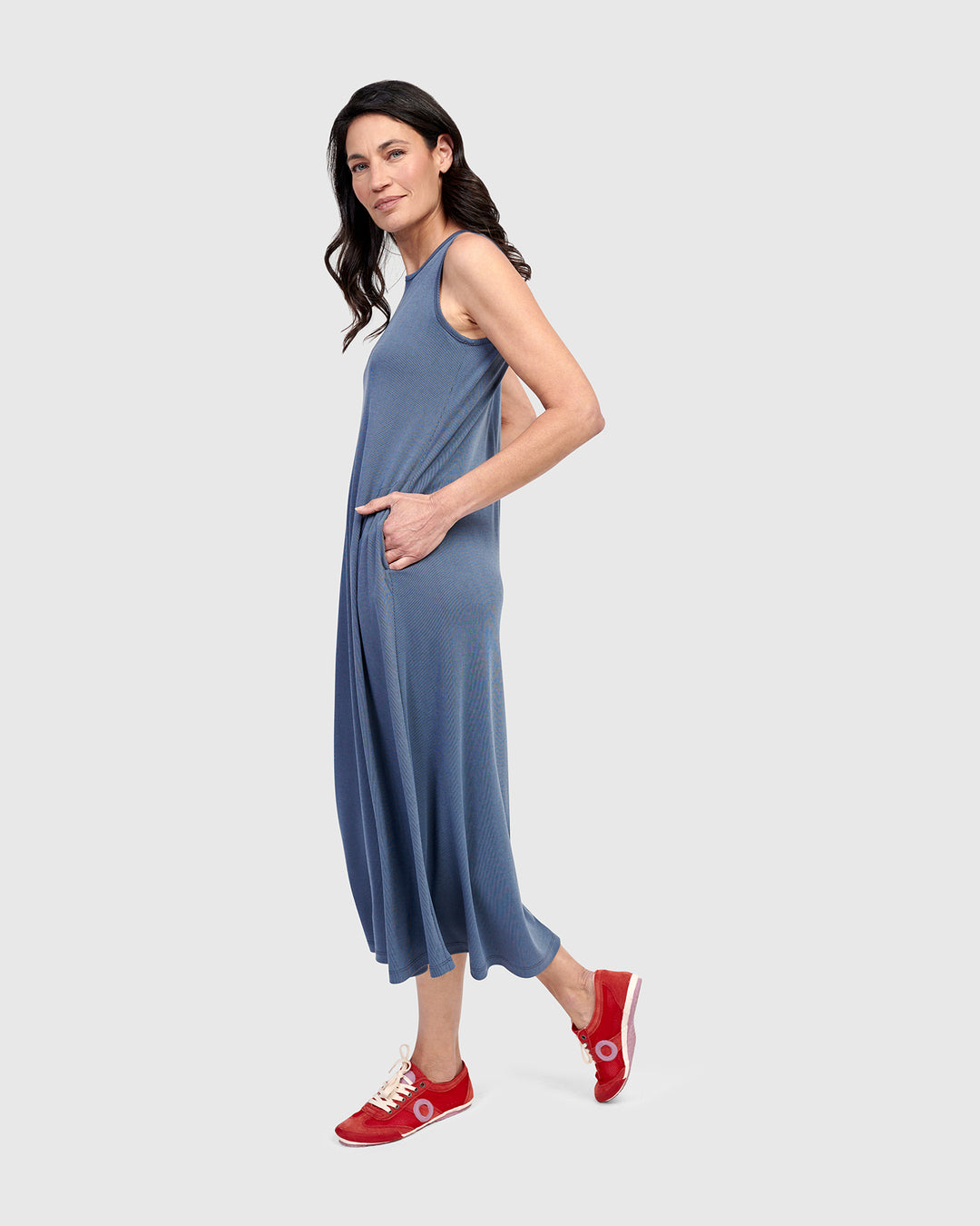 Essential Sleeveless Midi Dress, Blue Mist