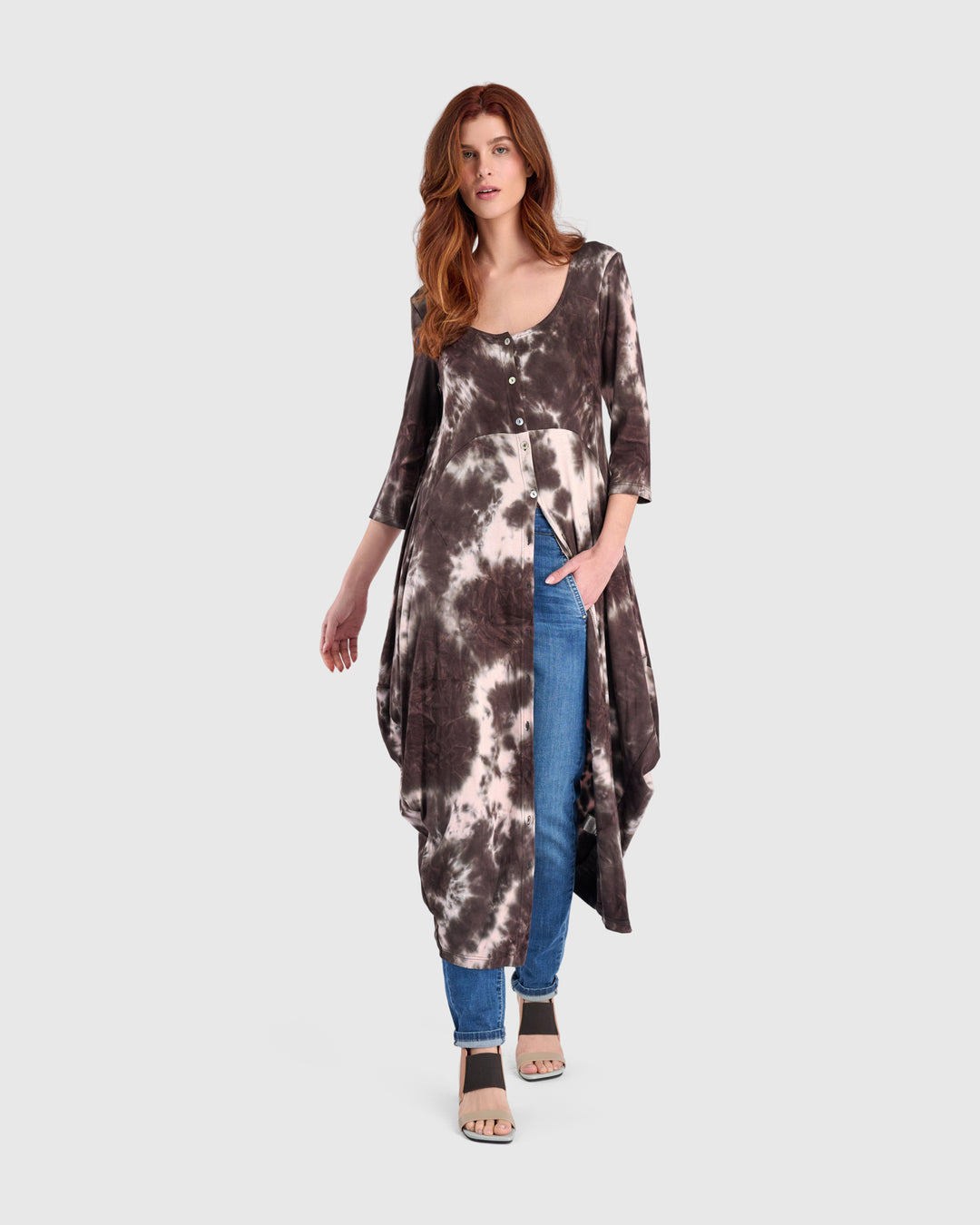 Homebound Button Dress, Brown/Pink Tie Dye