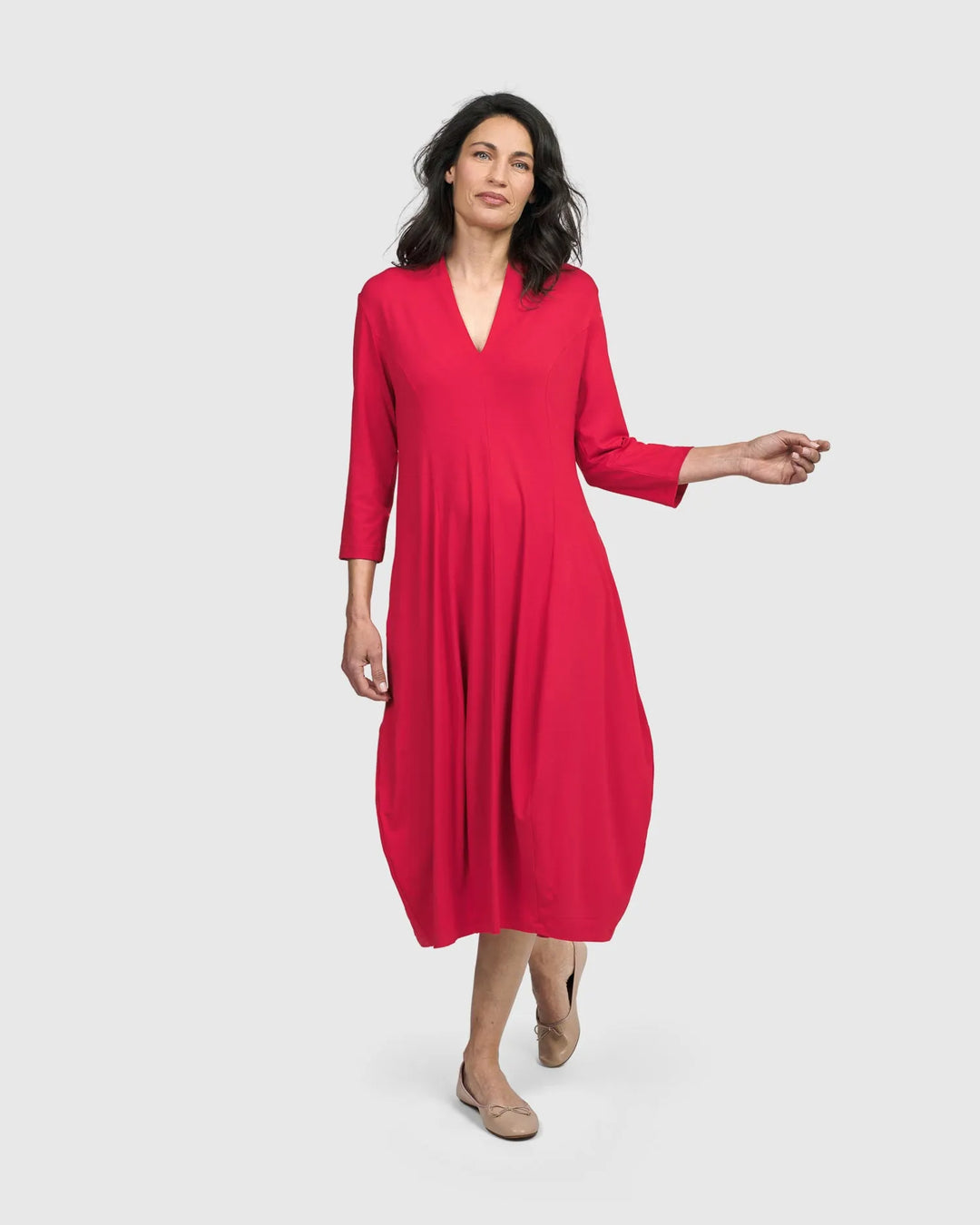 red cocoon dress Blood red cocktail dress in silk scuba with cocoon skirt fully layered