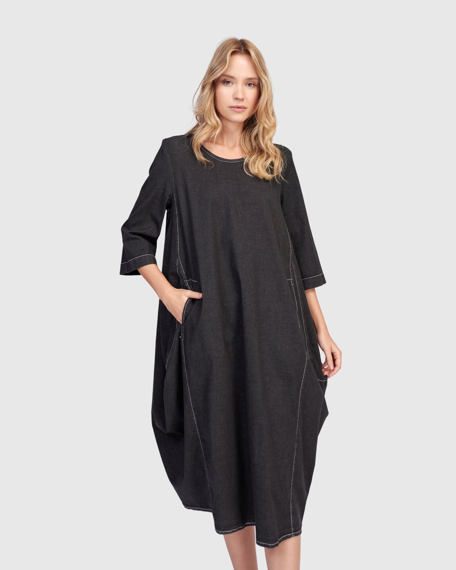 Liberty Oversized Cocoon Dress, Black Denim – Alembika U.S.