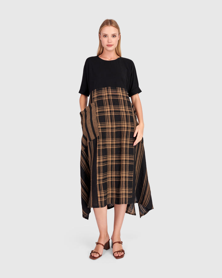 Medjdool Maxi Dress, Black/Sepia Plaid