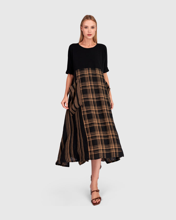 Medjdool Maxi Dress, Black/Sepia Plaid