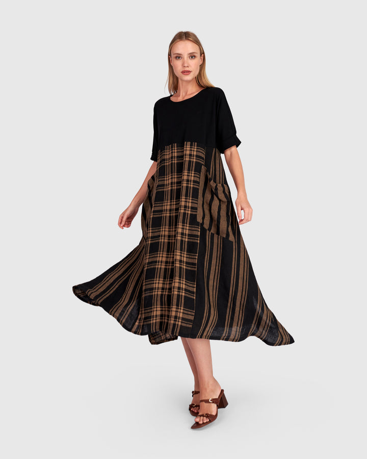Medjdool Maxi Dress, Black/Sepia Plaid