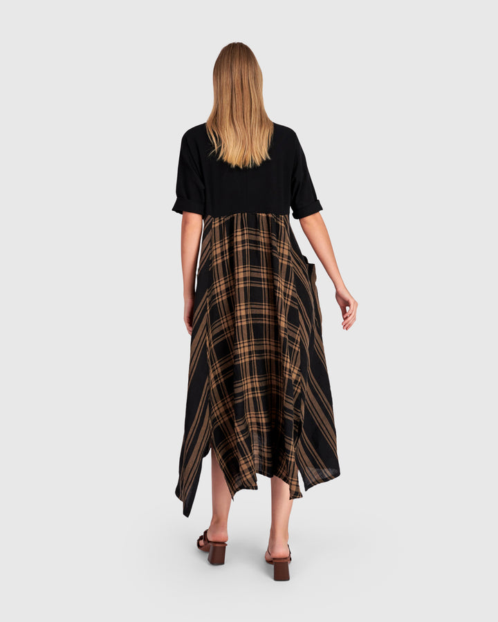 Medjdool Maxi Dress, Black/Sepia Plaid