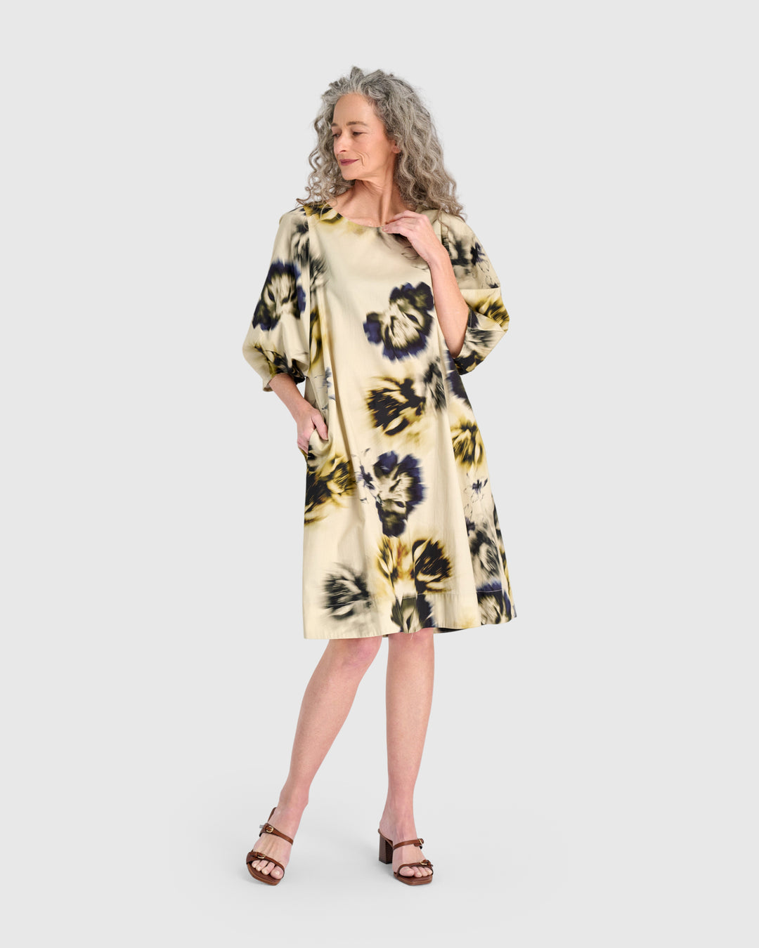 Cascalone Cotton Dress, Beige Floral