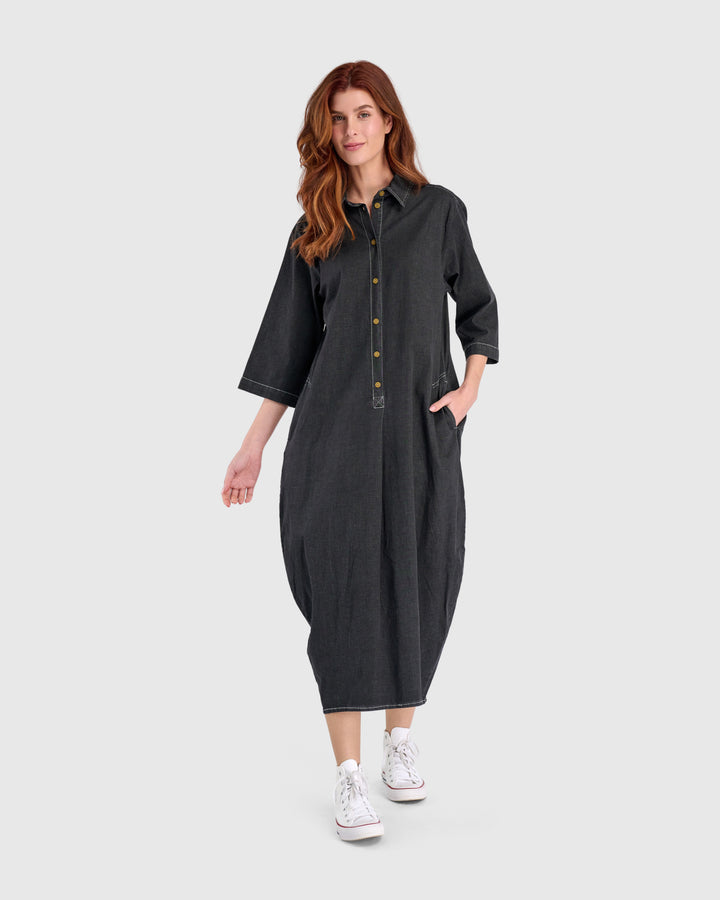 Celine Maxi Shirtdress, Jet Denim