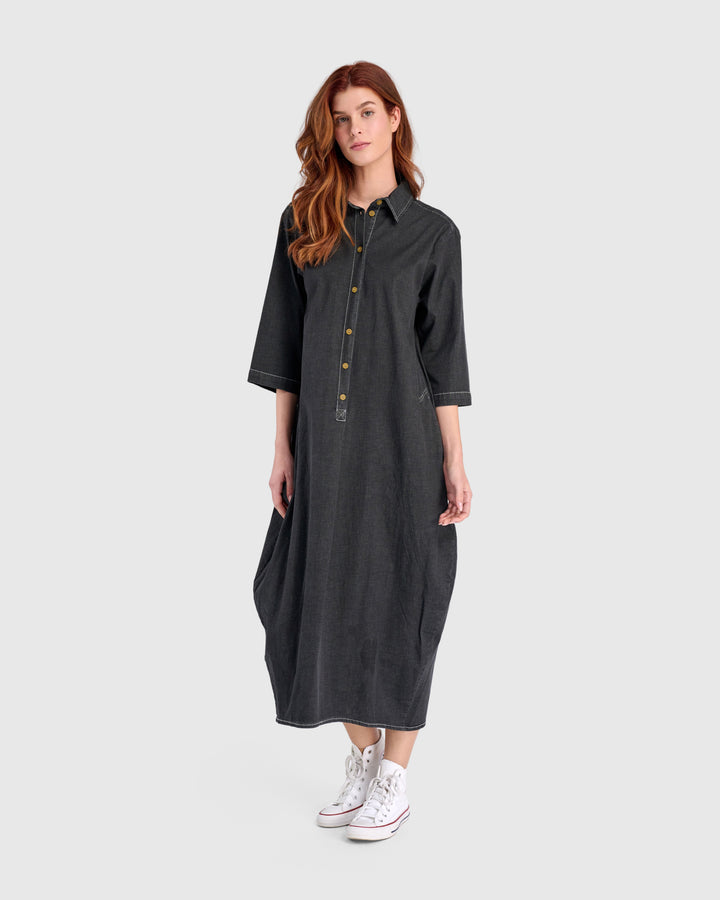 Celine Maxi Shirtdress, Jet Denim