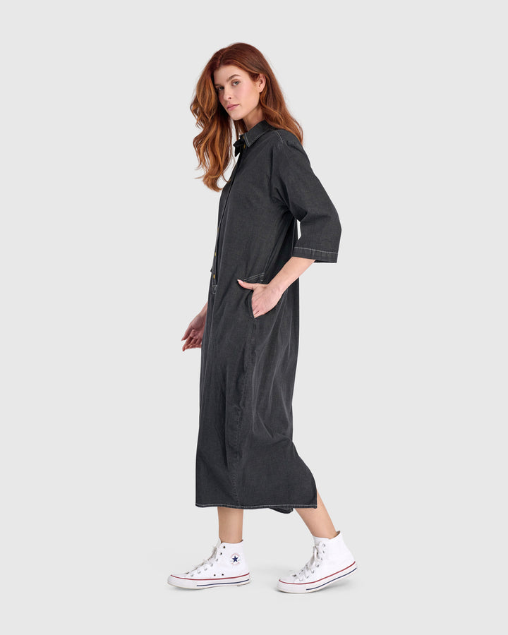 Celine Maxi Shirtdress, Jet Denim