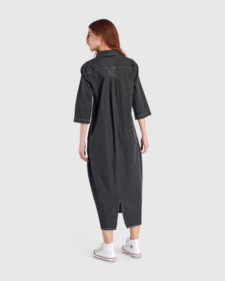 Celine Maxi Shirtdress, Jet Denim