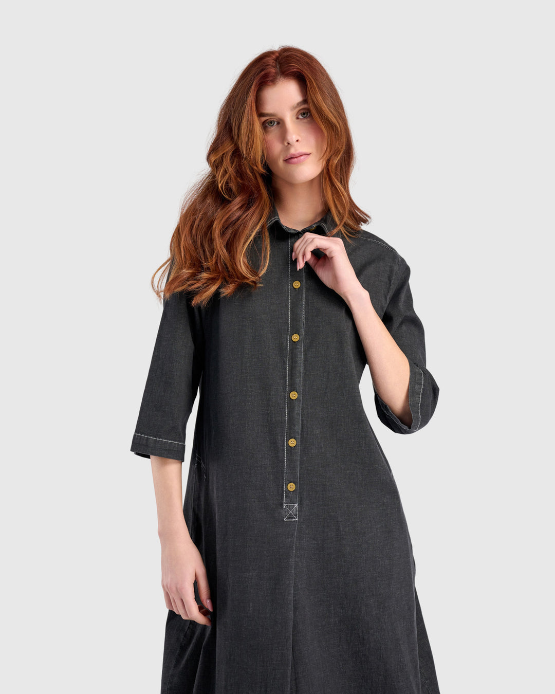 Celine Maxi Shirtdress, Jet Denim