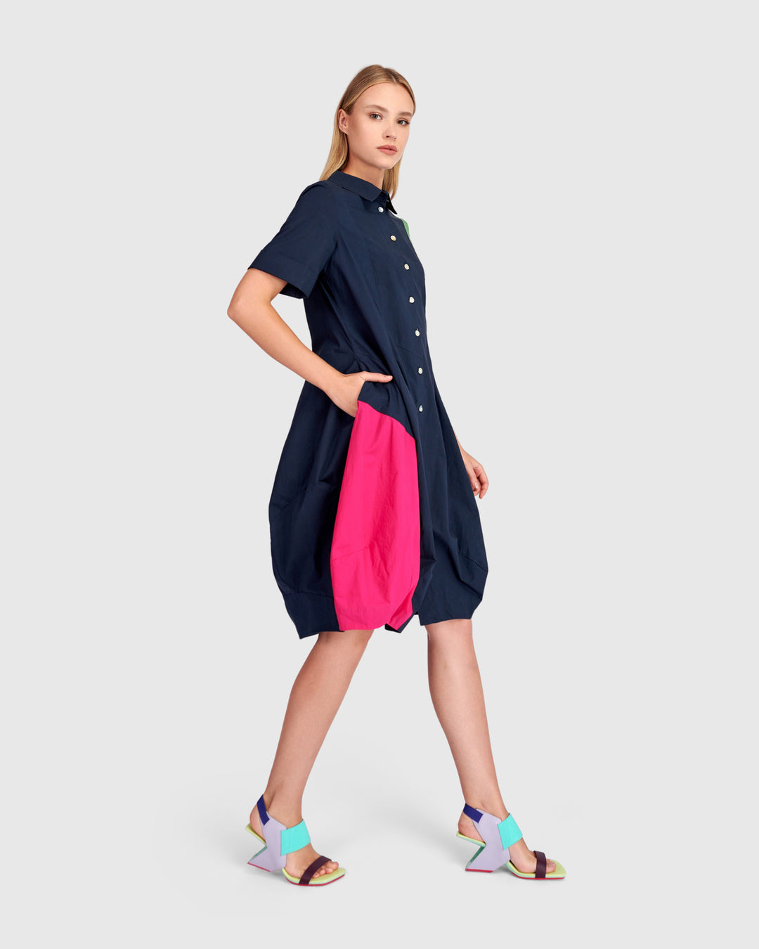 Barb Cotton Shirtdress, Navy Multi
