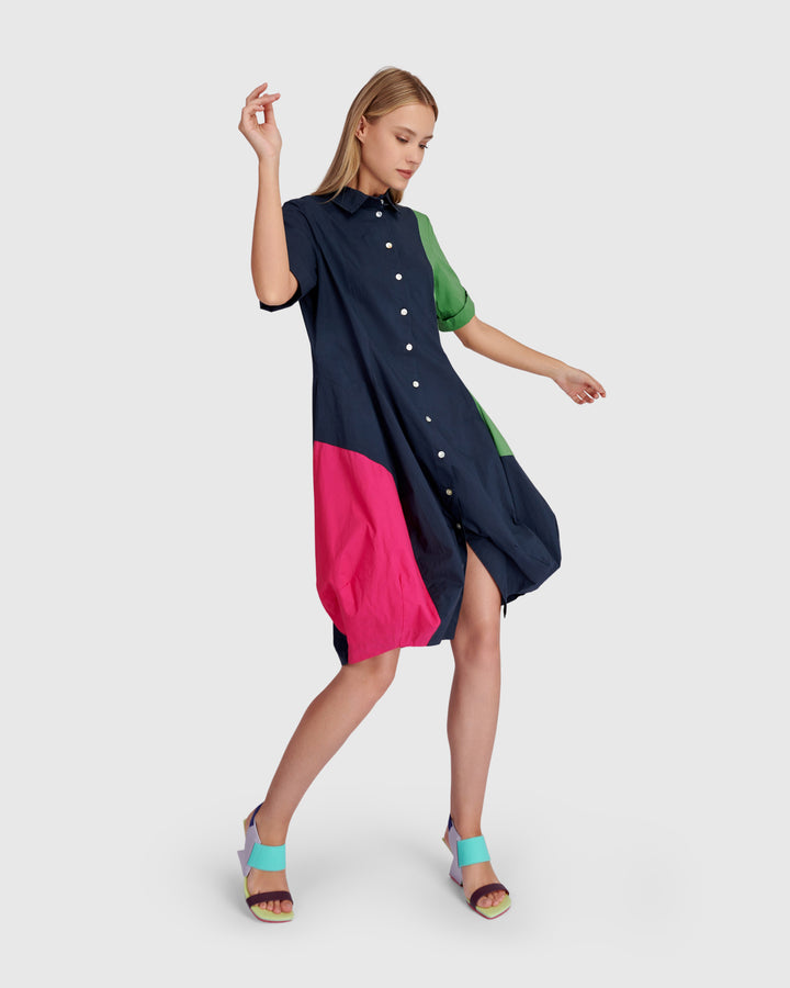Barb Cotton Shirtdress, Navy Multi
