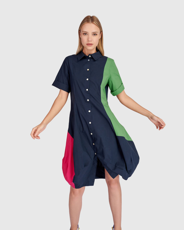 Barb Cotton Shirtdress, Navy Multi