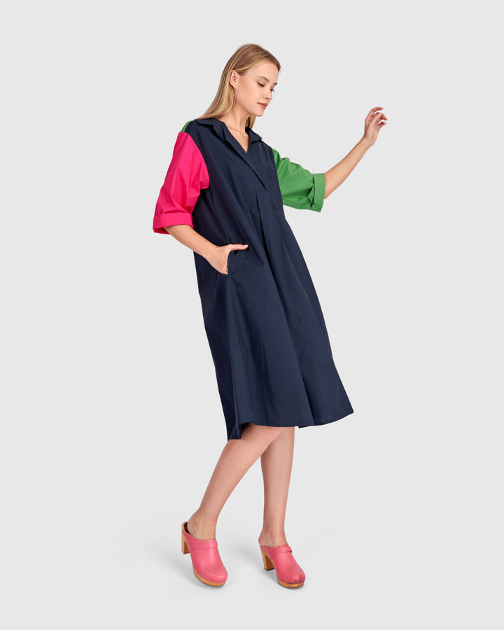 Splash Popover Dress, Navy Multi