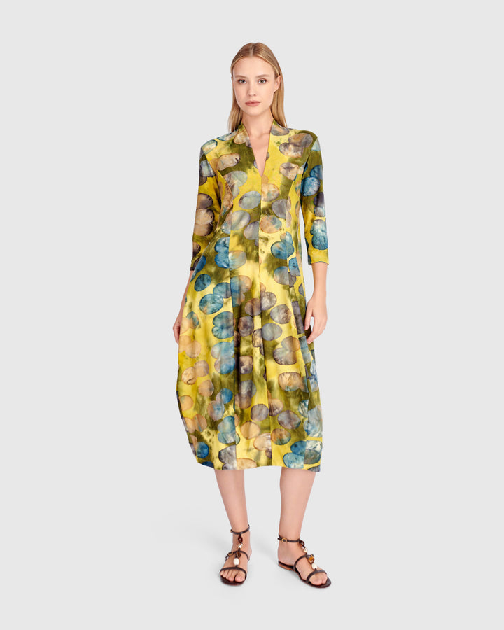 Saffron Cocoon Dress, Gold/Ocean Dots