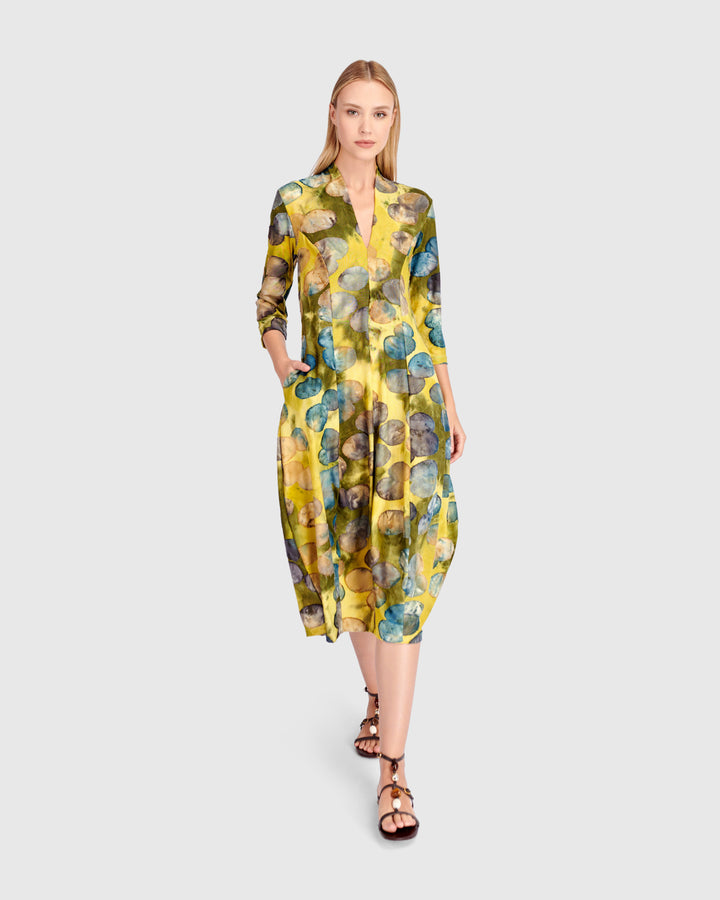 Saffron Cocoon Dress, Gold/Ocean Dots