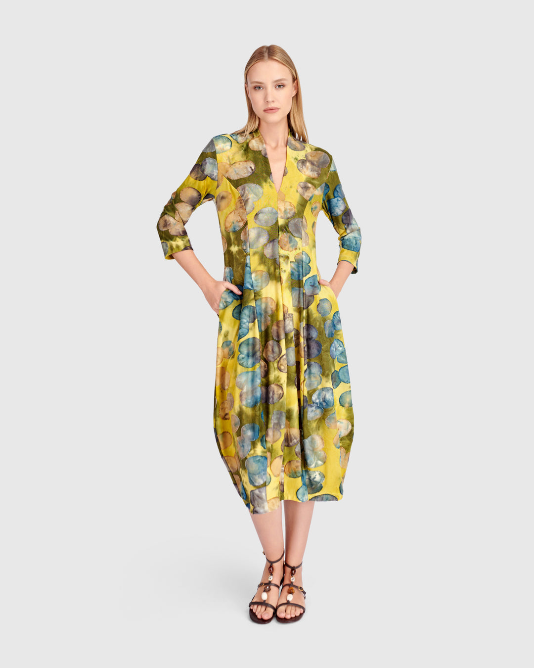 Saffron Cocoon Dress, Gold/Ocean Dots