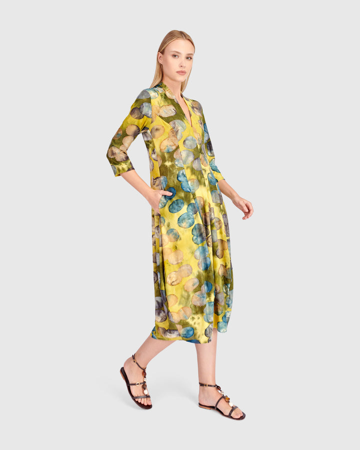 Saffron Cocoon Dress, Gold/Ocean Dots
