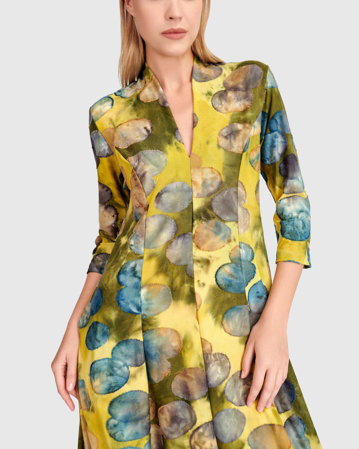 Saffron Cocoon Dress, Gold/Ocean Dots