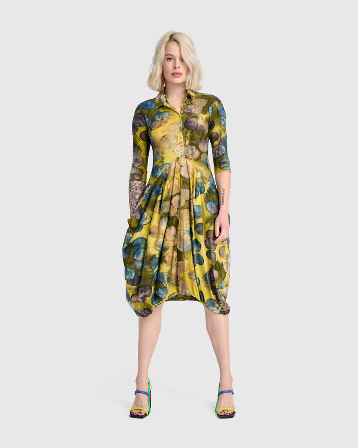 Meadowlark Draped Pockets Dress, Gold/Ocean Dots