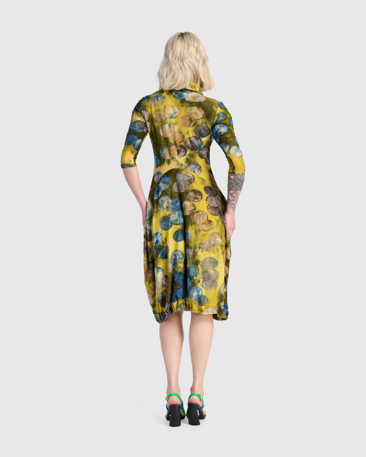 Meadowlark Draped Pockets Dress, Gold/Ocean Dots