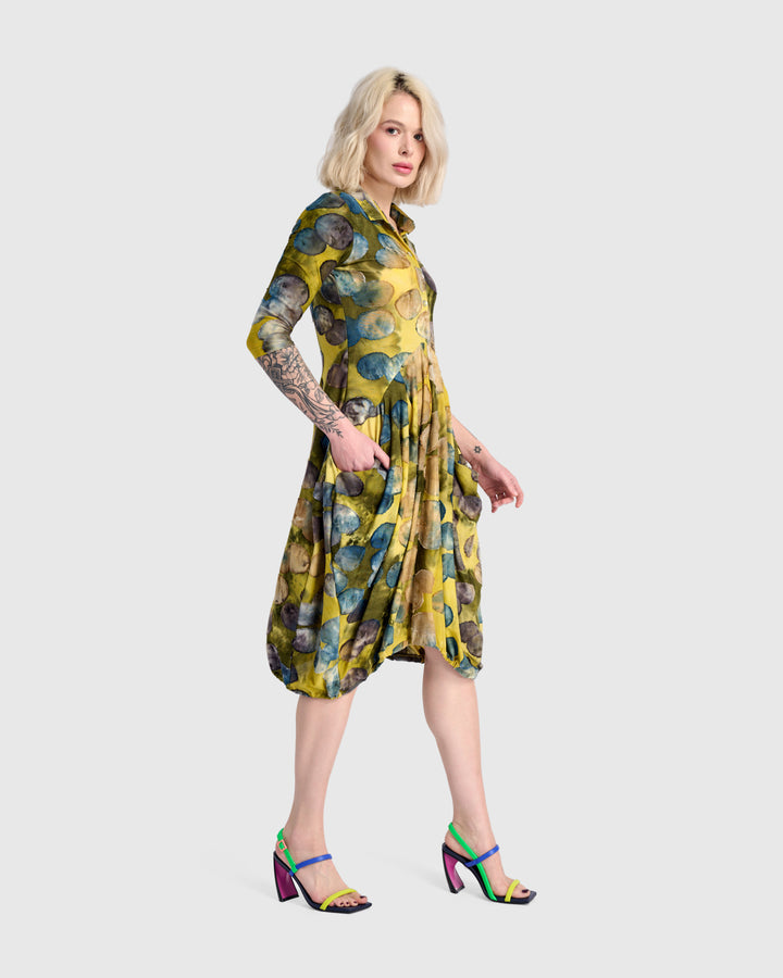 Meadowlark Draped Pockets Dress, Gold/Ocean Dots