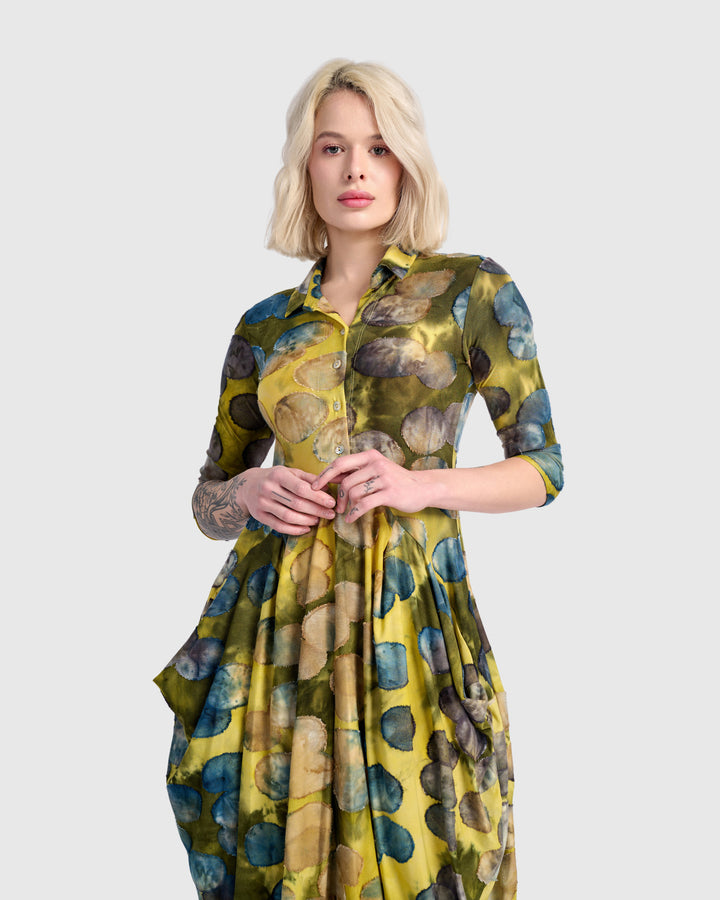 Meadowlark Draped Pockets Dress, Gold/Ocean Dots