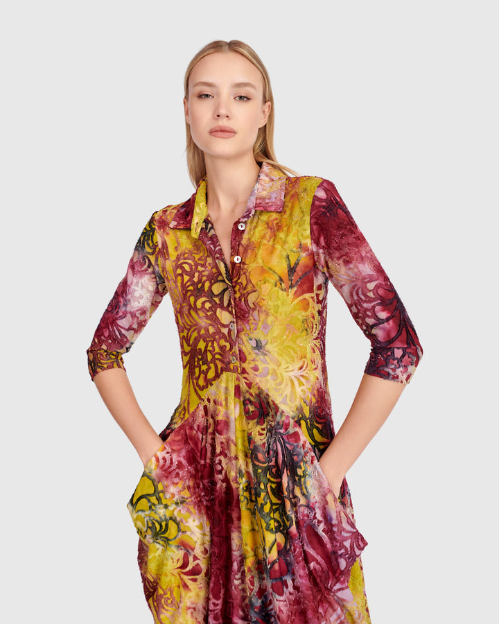 Tangle Draped Pockets Dress, Raspberry/Gold