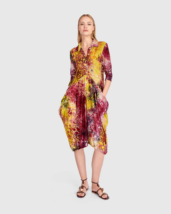 Tangle Draped Pockets Dress, Raspberry/Gold