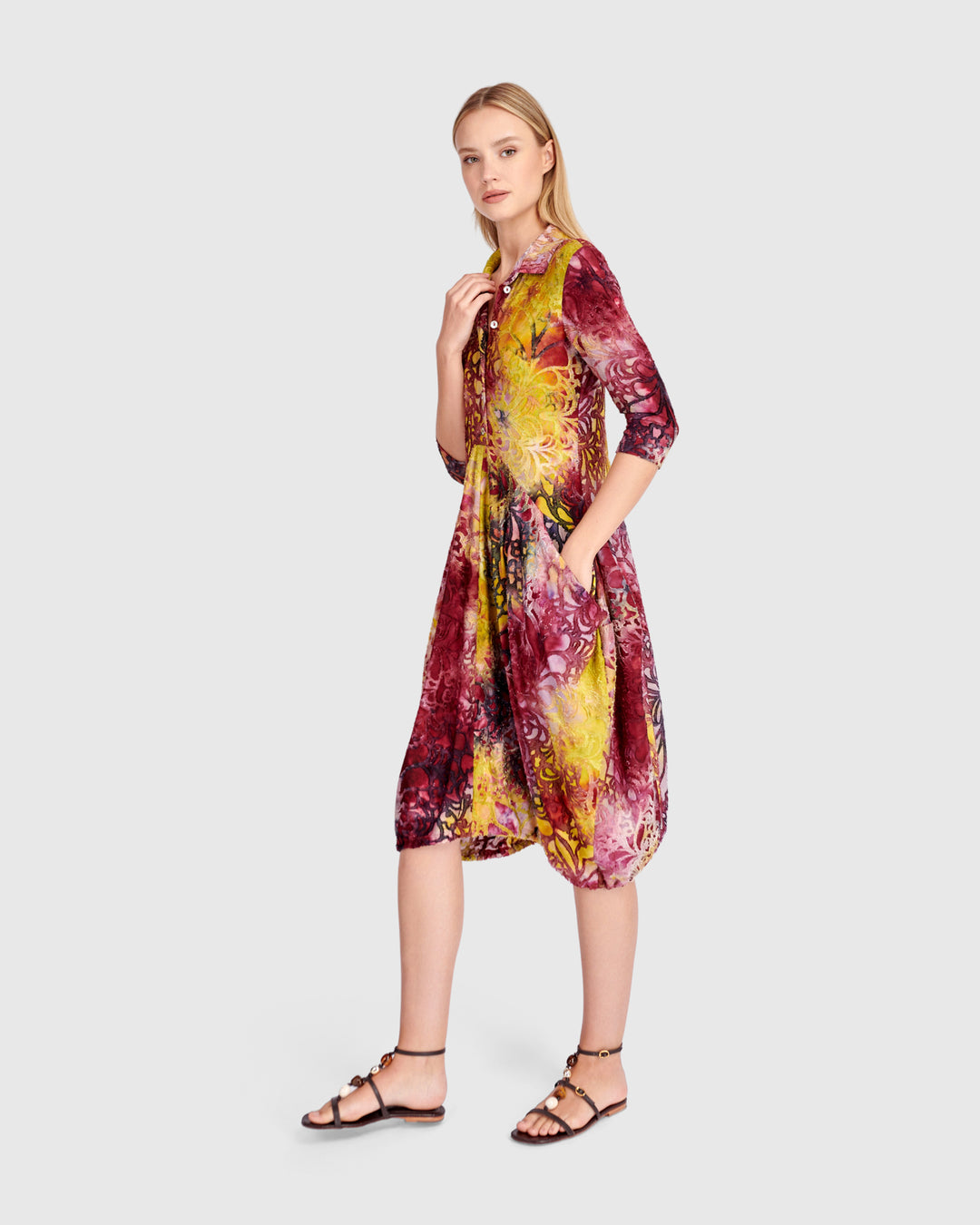 Tangle Draped Pockets Dress, Raspberry/Gold