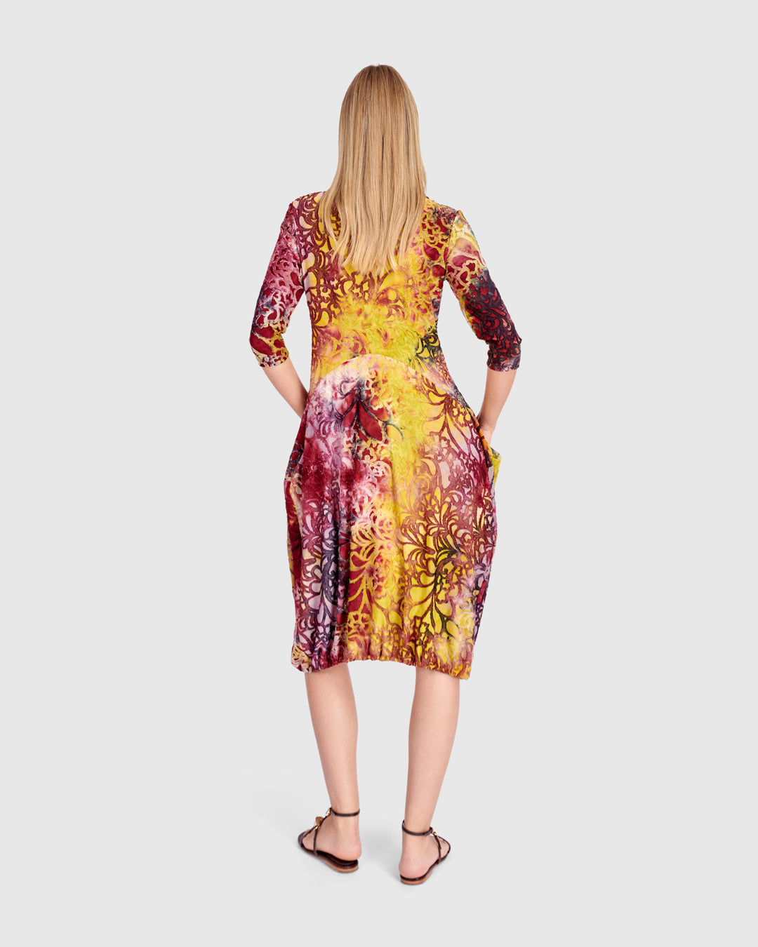 Tangle Draped Pockets Dress, Raspberry/Gold