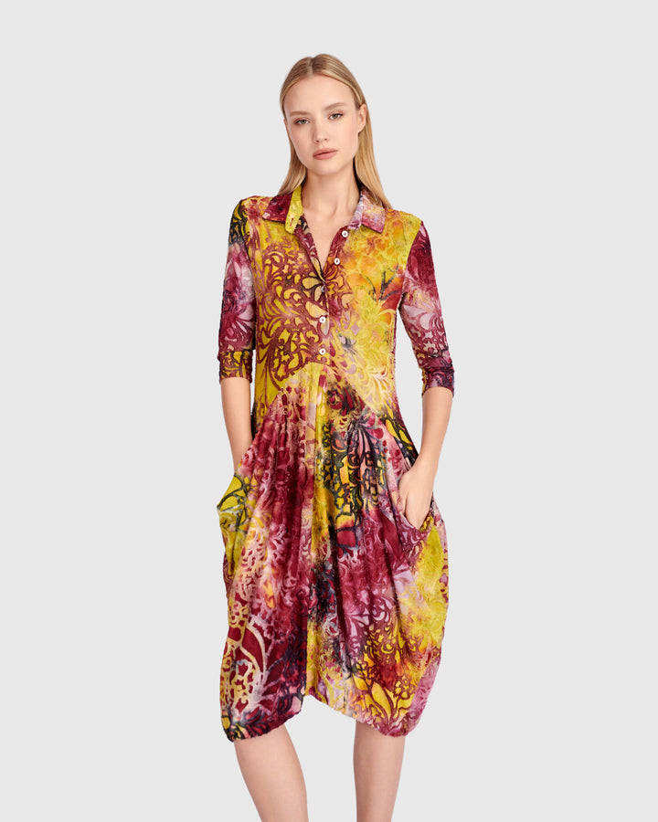 Tangle Draped Pockets Dress, Raspberry/Gold