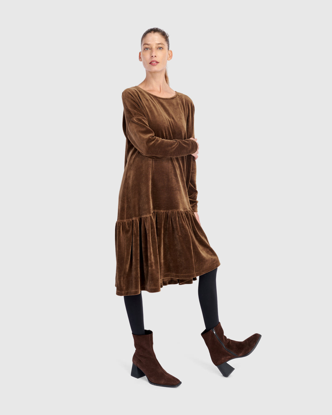 Everyday Velvet Babydoll Dress, Khaki