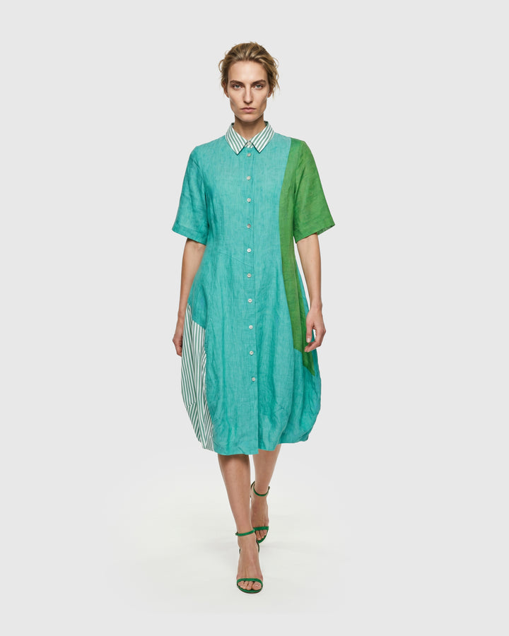 Barb Linen Shirtdress, Teal Mix