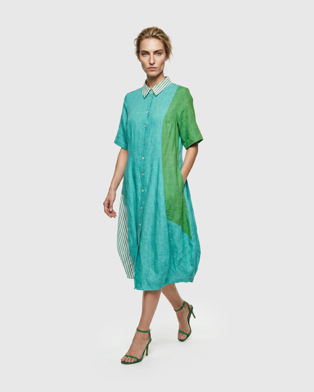 Barb Linen Shirtdress, Teal Mix