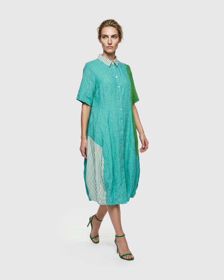 Barb Linen Shirtdress, Teal Mix