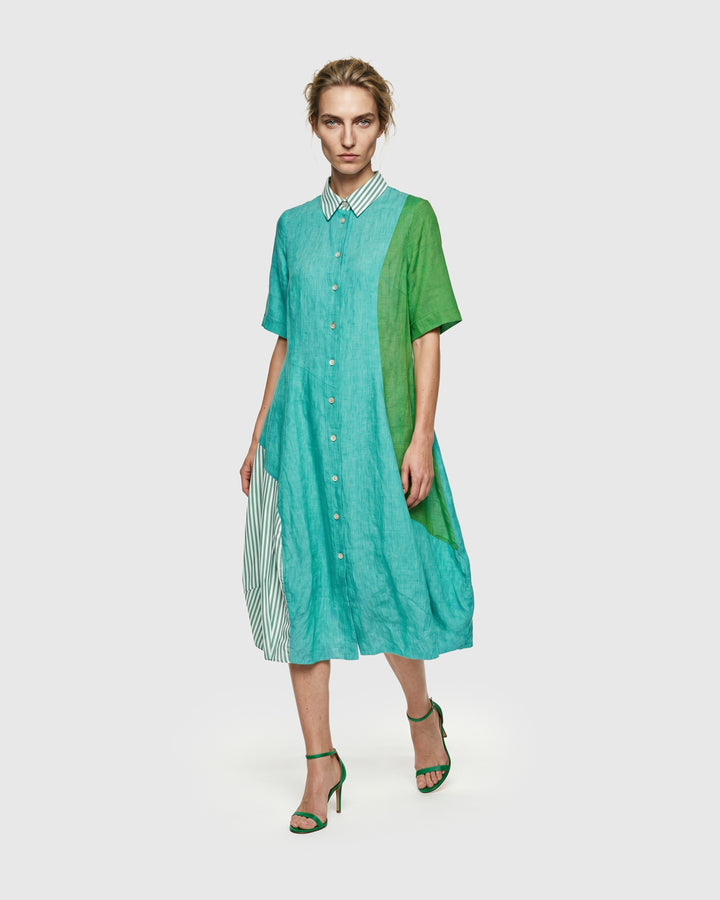 Barb Linen Shirtdress, Teal Mix